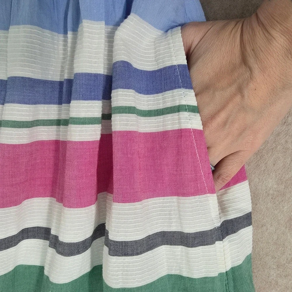 GAP Rainbow Striped Maxi Sun Dress Sz M Tiered Empire Waist Boho Cottage Coastal